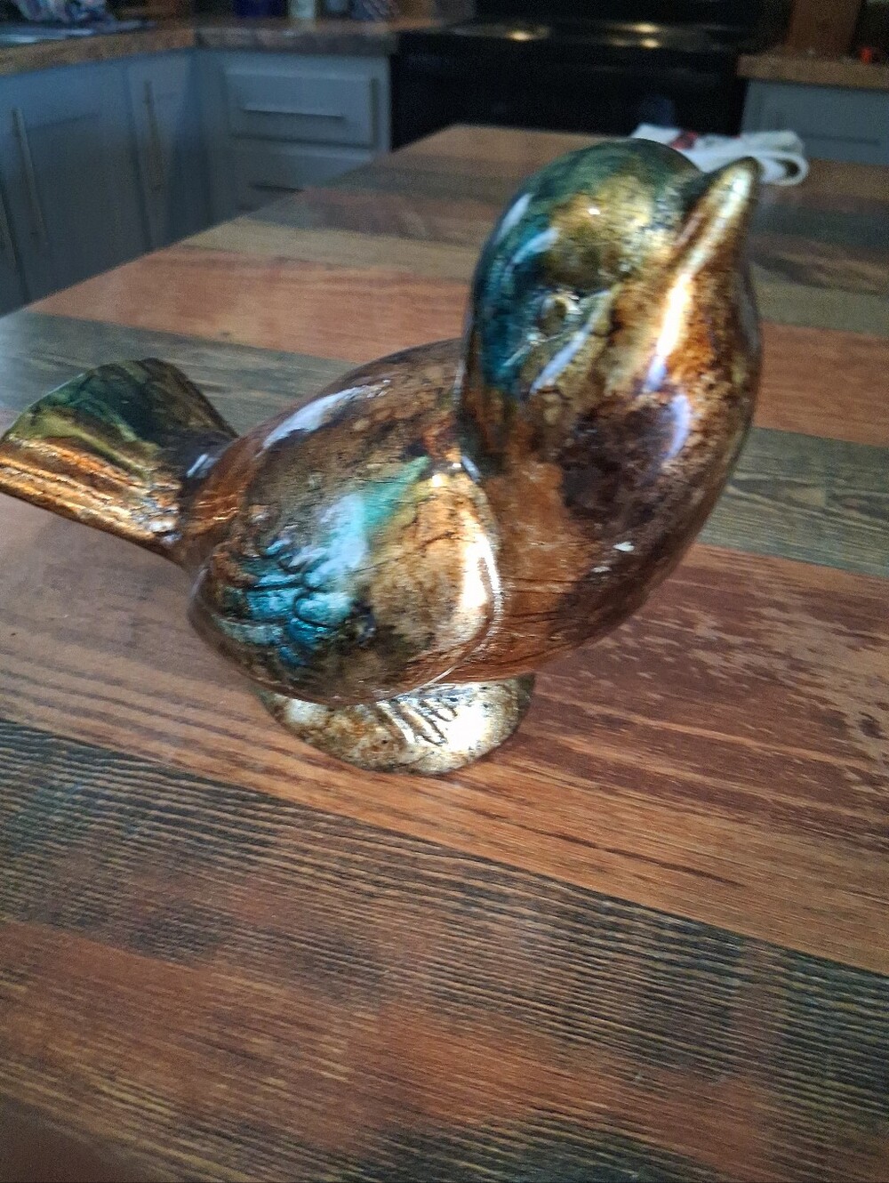 Iridescent Ceramic Bird Figurine - Gold & Teal Accent
